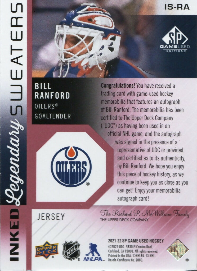 2021-22 Upper Deck SP Game Used Hockey - Inked Legendary Sweaters - Patches :35 #IS-RA Bill Ranford - Edmonton Oilers - B