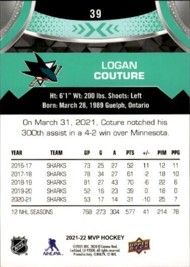 2021-22 Upper Deck MVP Hockey - Base #39 Logan Couture - San Jose Sharks