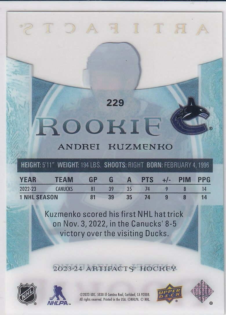 2023-24 Upper Deck Artifacts 2022-23 Upper Deck Artifacts Update Clear Cut Rookies #229 Andrei Kuzmenko Vancouver Canucks