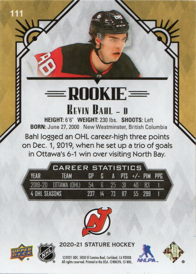2020-21 Upper Deck Stature - Base - Red :85 #111 Kevin Bahl - New Jersey Devils - B