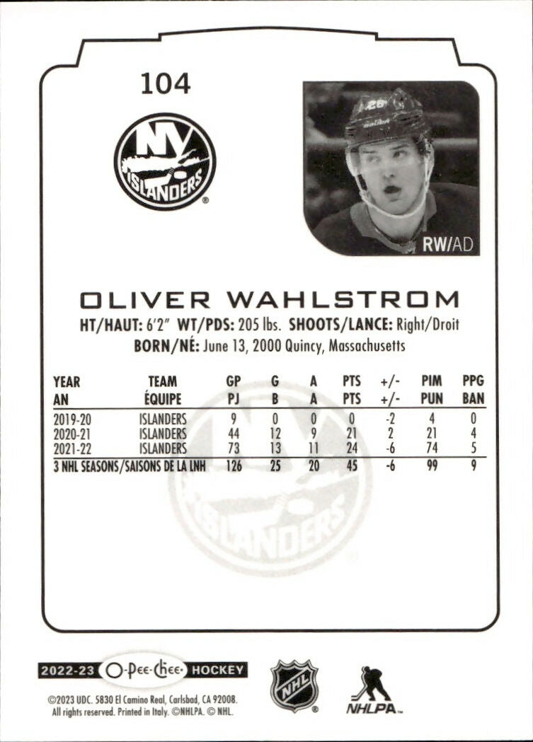 2022-23 Upper Deck O-Pee-Chee Hockey - Base #104 Oliver Wahlstrom - New York Islanders - B
