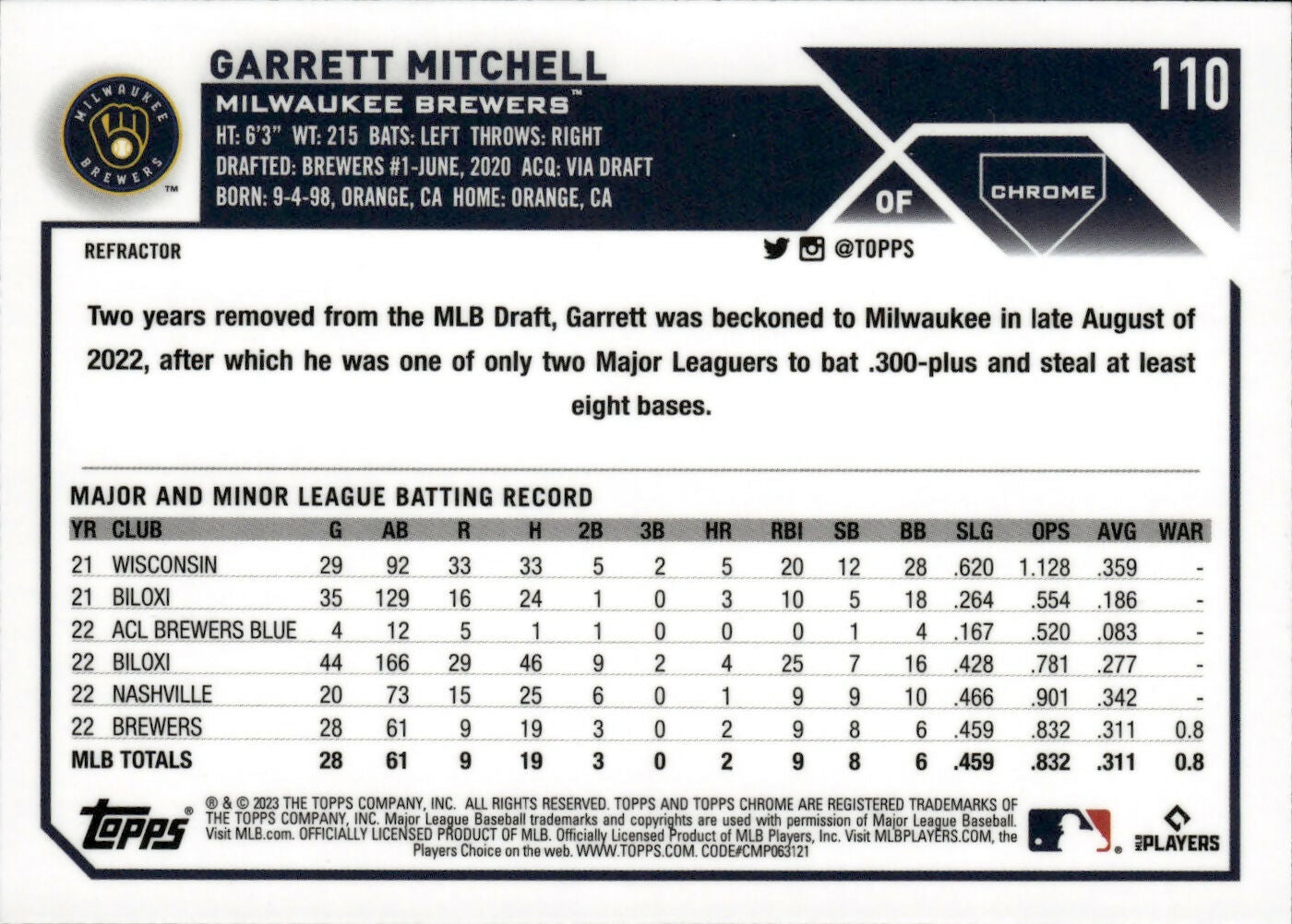 2023 Topps Chrome Baseball - [Base] - Refractor #110 Garrett Mitchell - Milwaukee Brewers - B