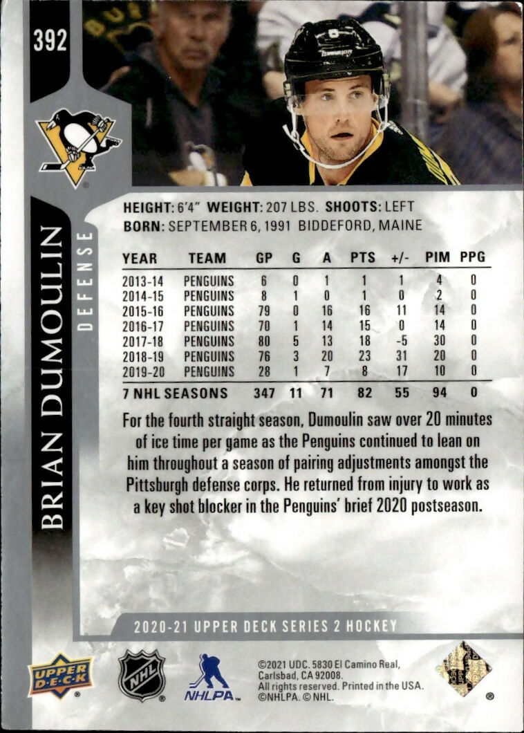 2020-21 Upper Deck Series 2 Hockey - Base #392 Brian Dumoulin - Pittsburgh Penguins - B