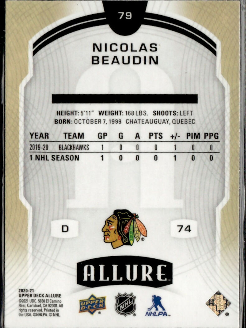 2020-21 Upper Deck Allure #79 Nicolas Beaudin Chicago Blackhawks Rookie