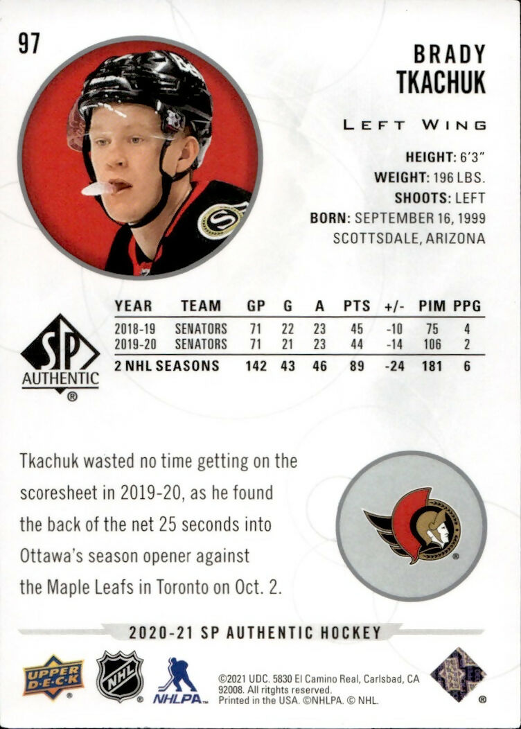 2020-21 Upper Deck SP Authentic Hockey - Base #97 Brady Tkachuk - Ottawa Senators - B