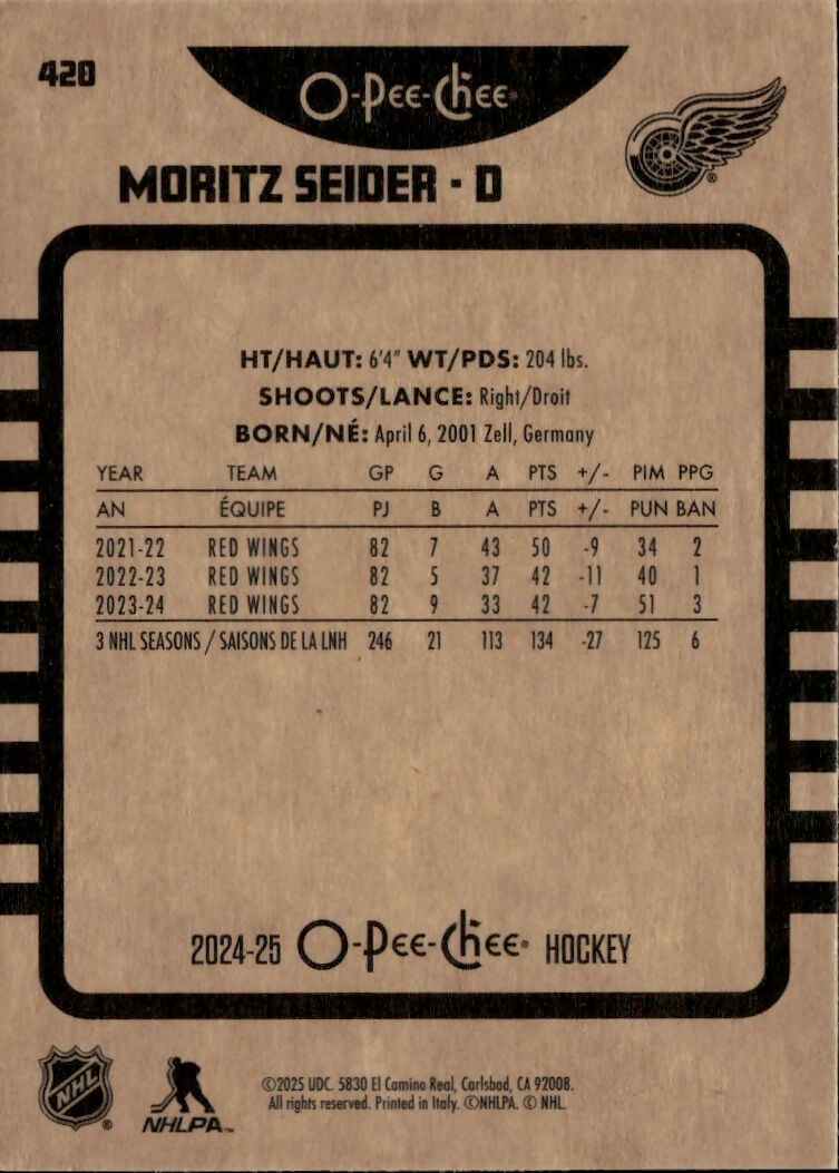 2024-25 Upper Deck O-Pee-Chee - Base - Retro #420 Moritz Seider - Detroit Red Wings - B