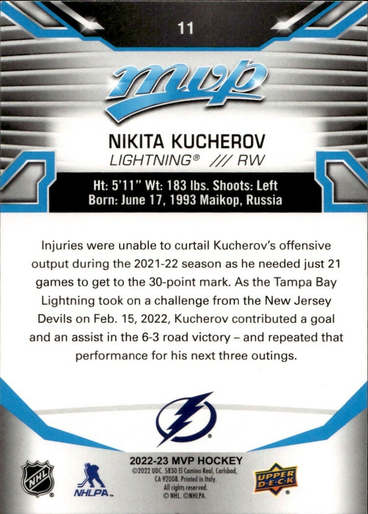 2022-23 Upper Deck MVP Hockey - Base #11 Nikita Kucherov - Tampa Bay Lightning