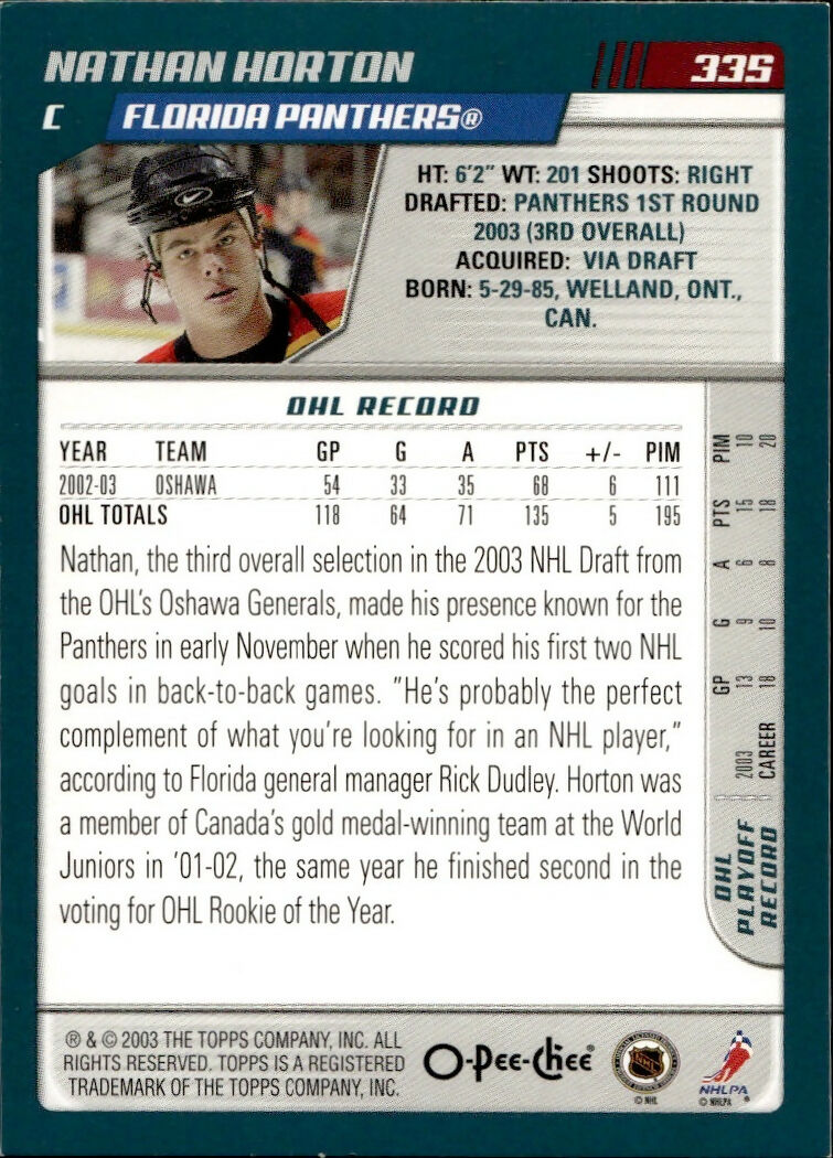 2003-04 O-Pee-Chee - Base #335 Nathan Horton - Florida Panthers - B