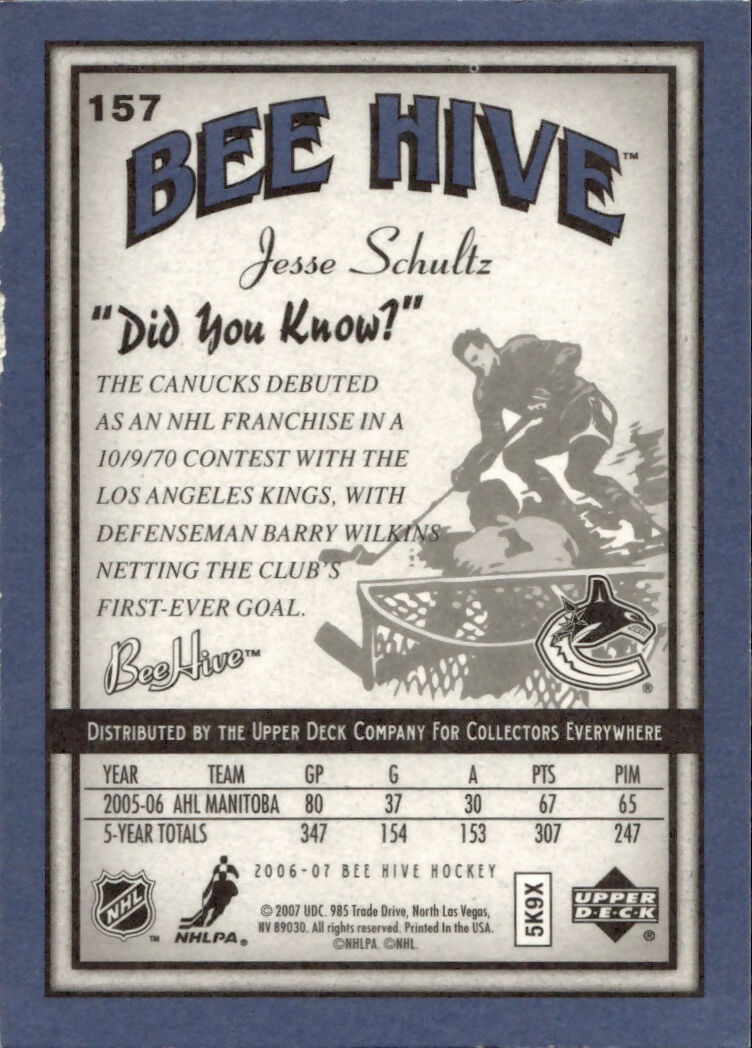2006-07 Upper Deck - Bee Hive Hockey - Base - Blue #157 Jesse Schultz - Vancouver Canucks - B