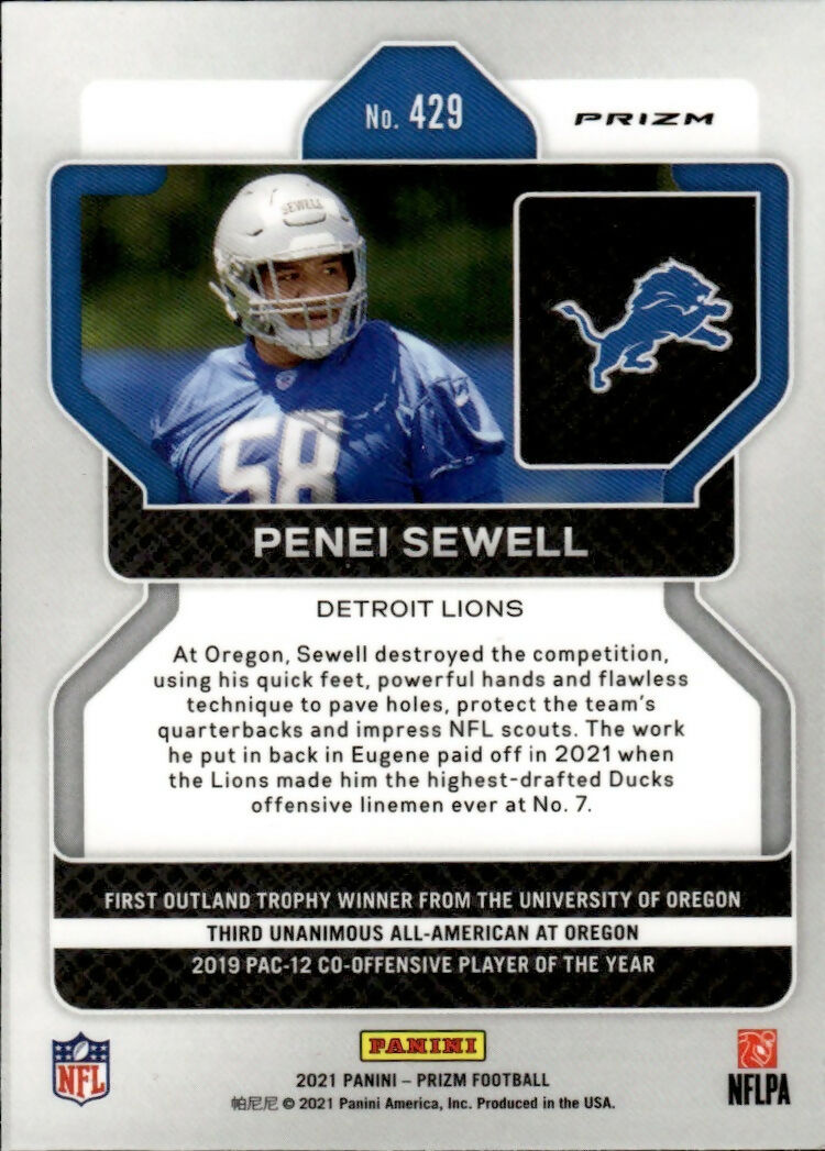 2021 Panini Prizm Football Base - Green Prizm #429 Penei Sewell RC Detroit Lions - B