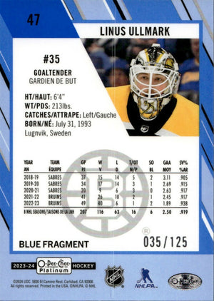 2023-24 Upper Deck O-Pee Chee Platinum Hockey - Base - Blue Fragment :125 #47 Linus Ullmark - Boston Bruins - B