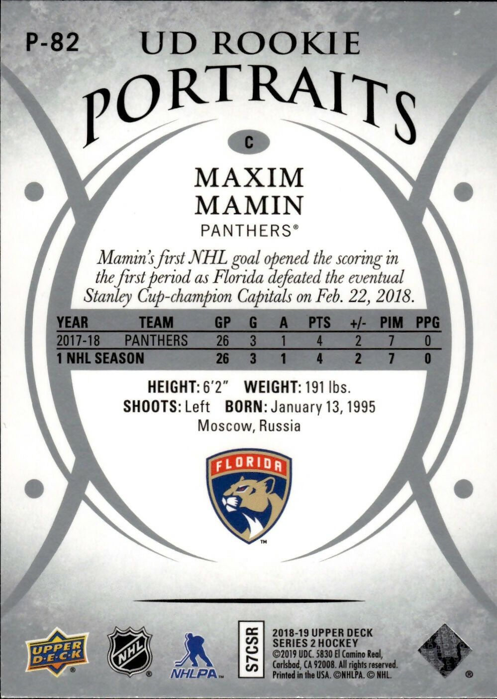 2018-19 Upper Deck Series 2 Hockey - UD Portraits - Rookie #P-82 Maxim Mamin - Florida Panthers