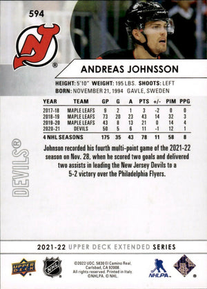 2021-22 Upper Deck Extended Series Hockey - Base #594 Andreas Johnsson - New Jersey Devils