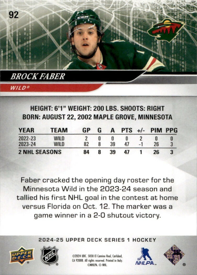 2024-25 Upper Deck Series 1 Hockey - Base #92 Brock Faber - Minnesota Wild - B