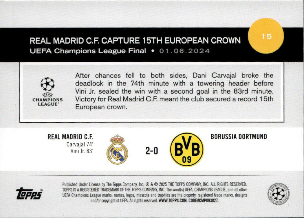 2024-25 Topps UEFA Club Competitions - Base #15 Real Madrid C.F. Capture 15th European Crown - B
