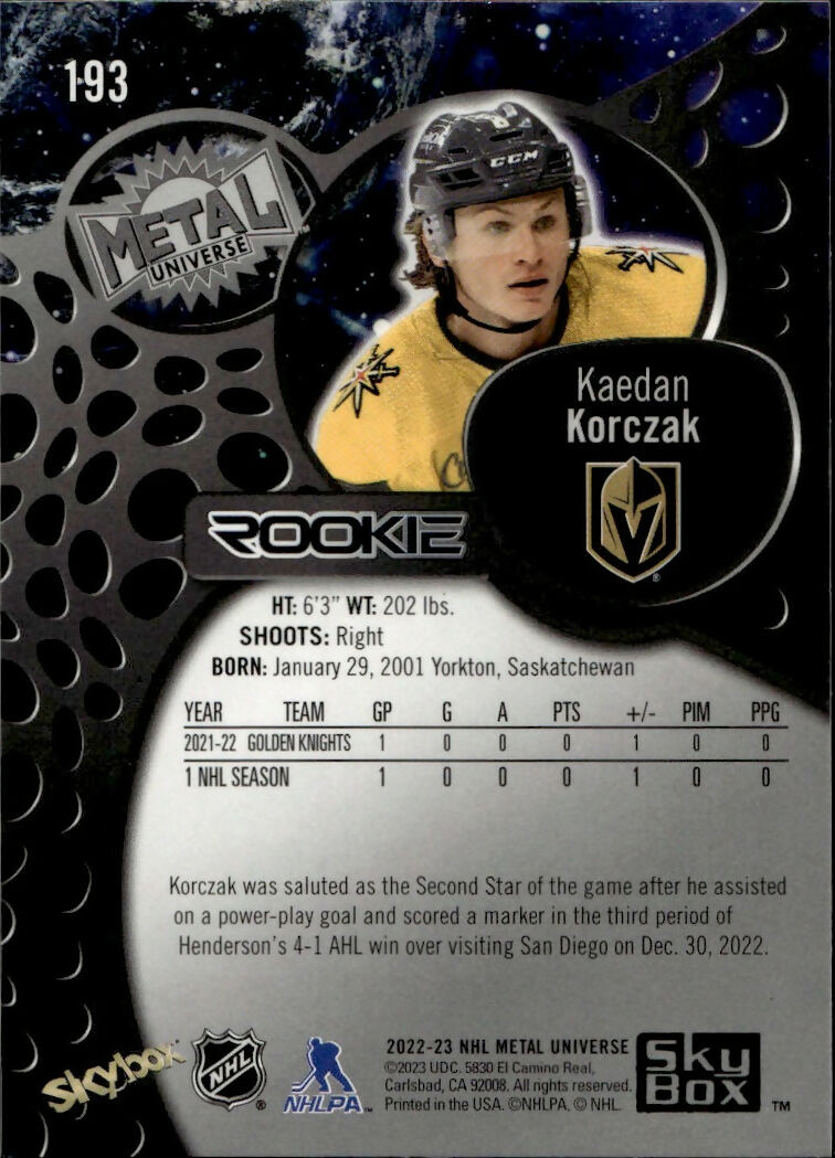 2022-23 Upper Deck Skybox Metal Universe - Base - Rookie #193 Kaedan Korczak - Vegas Golden Knights - B