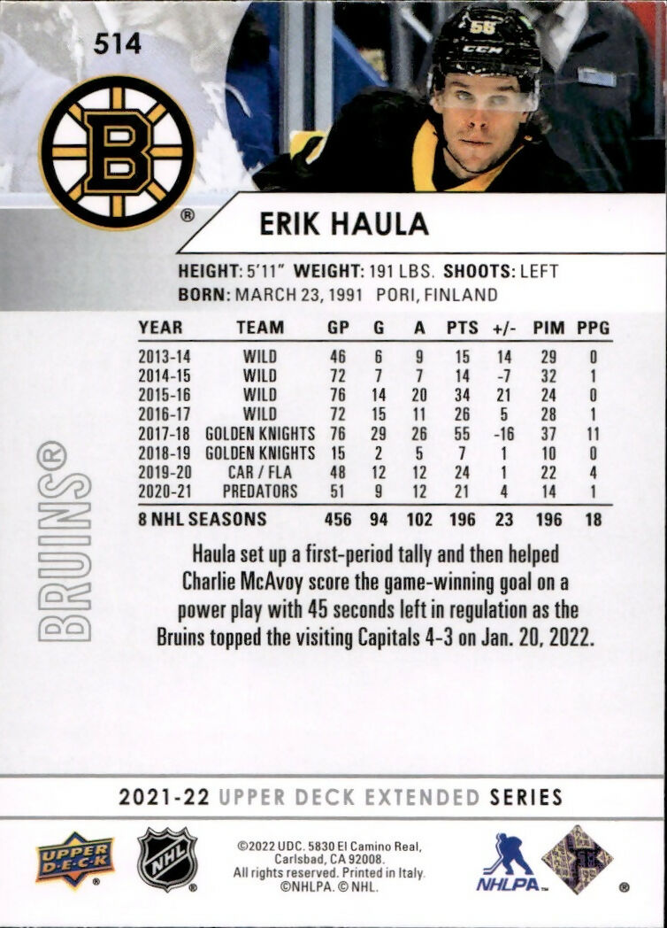 2021-22 Upper Deck Extended Series Hockey - Base #514 Erik Haula - Boston Bruins - B