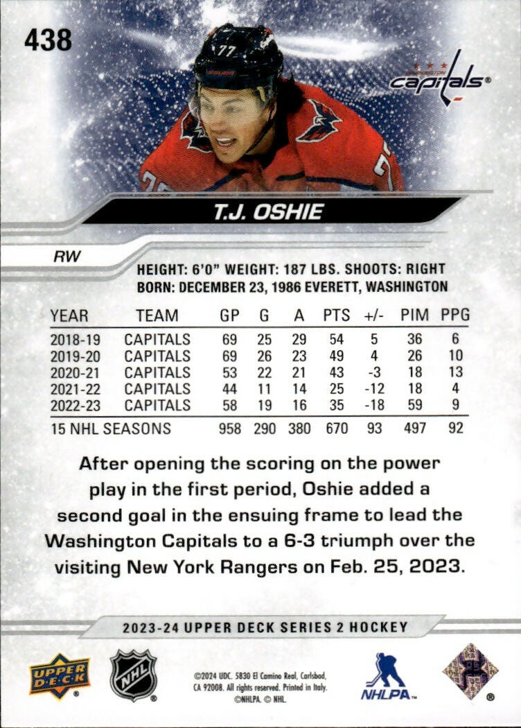 2023-24 Upper Deck Series 2 Hockey - Base #438 T.J. Oshie - Washington Capitals - B