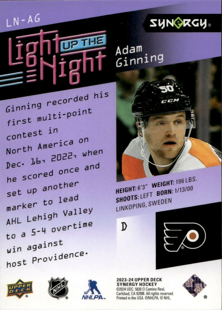2023-24 Upper Deck Synergy Hockey - Light Up The Night Rookie :999 #LN-AG Adam Ginning - Philadelphia Flyers - B