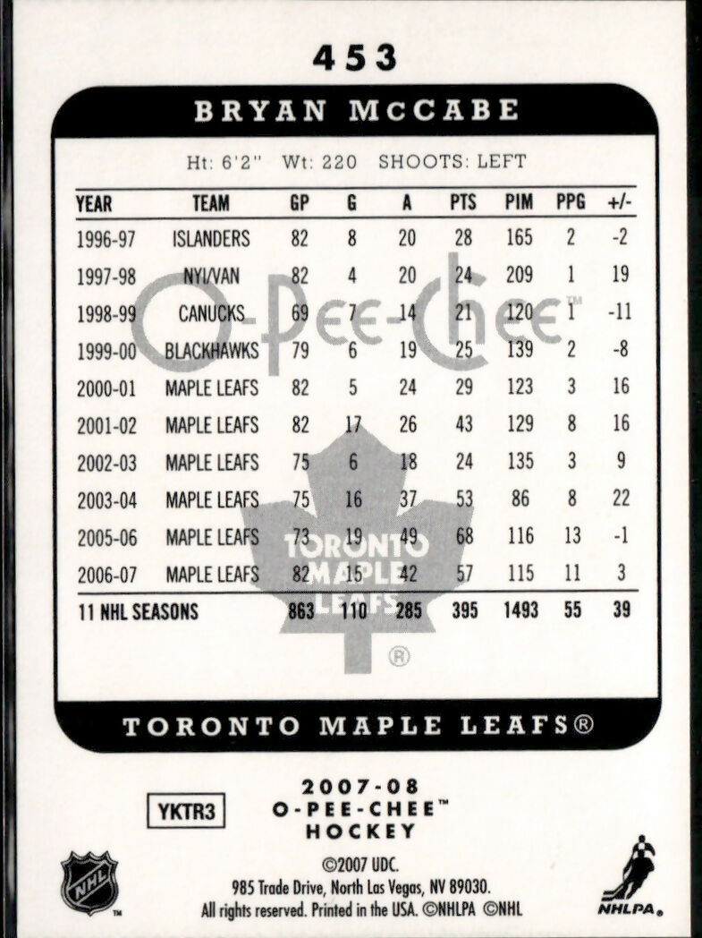 2007-08 O-Pee-Chee - Base #543 Bryan McCabe - Toronto Maple Leafs - B