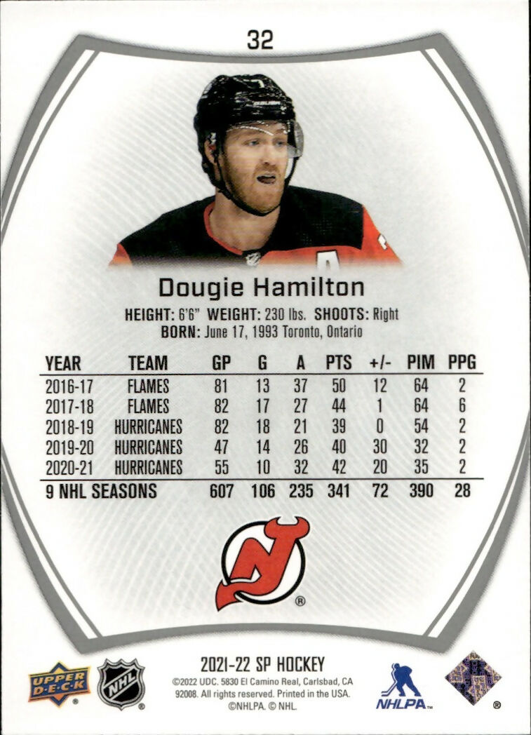 2021-22 Upper Deck SP Authentic Hockey - Base #32 Dougie Hamilton - New Jersey Devils - B