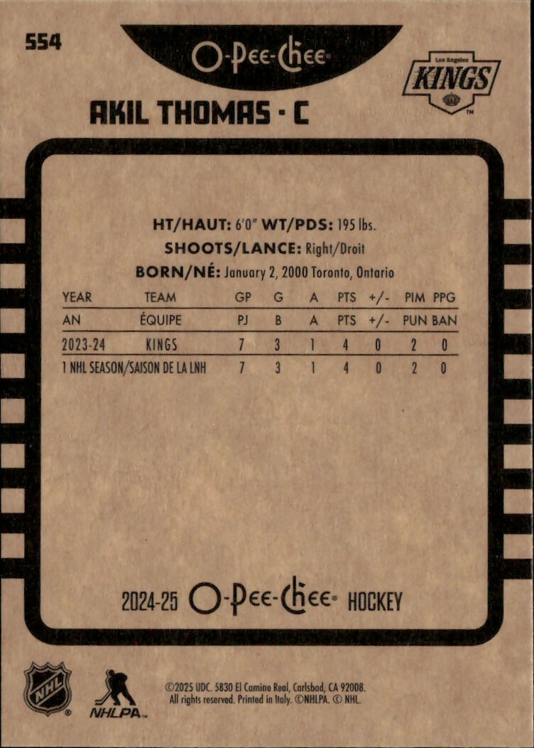 2024-25 Upper Deck O-Pee-Chee - Base - Retro #554 Akil Thomas - Los Angeles Kings - B