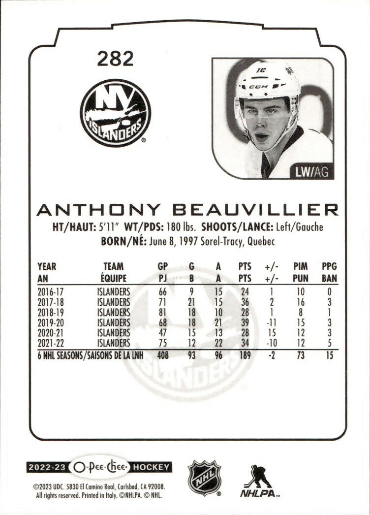 2022-23 Upper Deck O-Pee-Chee Hockey - Base #282 Anthony Beauvillier - New York Islanders - B