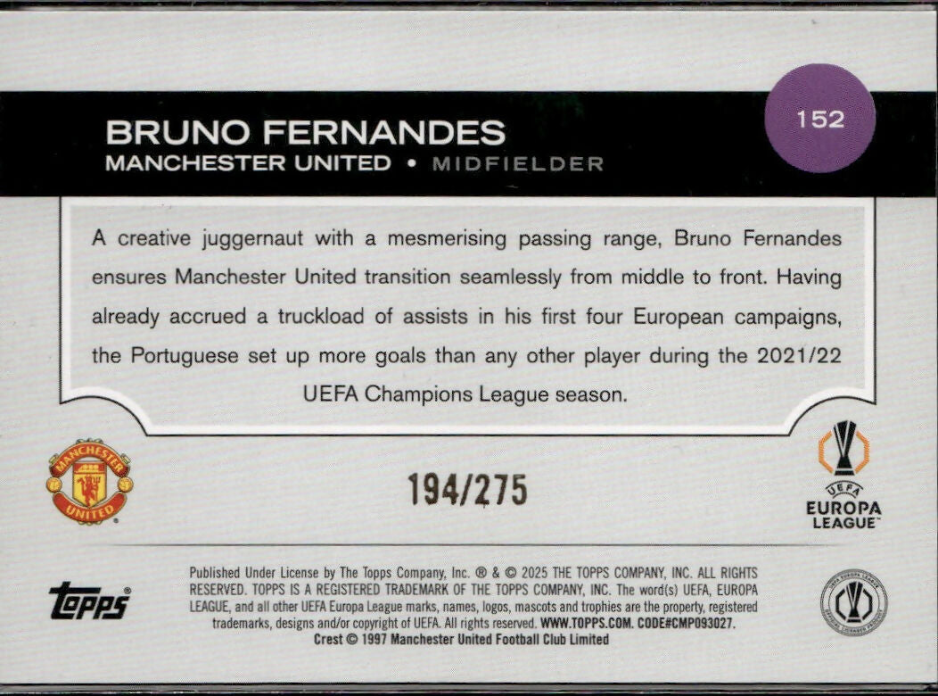 2024-25 Topps UEFA Club Competitions - Base - Navy Blue Foilboard :275 #152 Bruno Fernandes - Manchester United - V