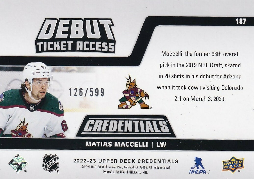 2022-23 Upper Deck Credentials - Base - Horizontal #187 Matias Maccelli - Arizona Coyotes - B
