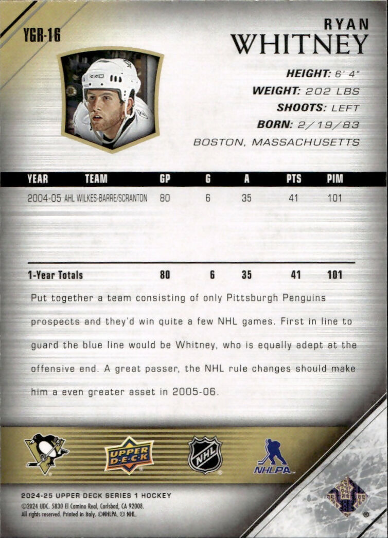 2024-25 Upper Deck Series 1 Hockey - Young Guns Renewed #YGR-16 Ryan Whitney - Pittsburgh Penguins - B