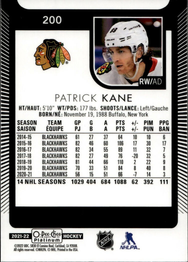 2021-22 Upper Deck O-Pee-Chee Platinum Hockey - Base #200 Patrick Kane - Chicago Blackhawks - B