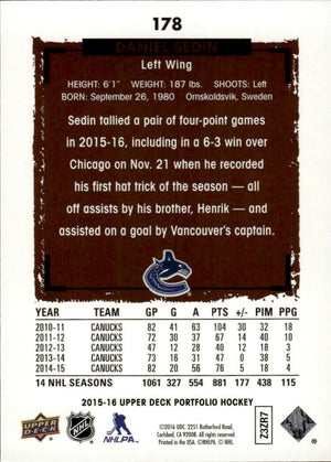 2015-16 Upper Deck Portfolio Hockey - Base #178 Daniel Sedin - Vancouver Canucks