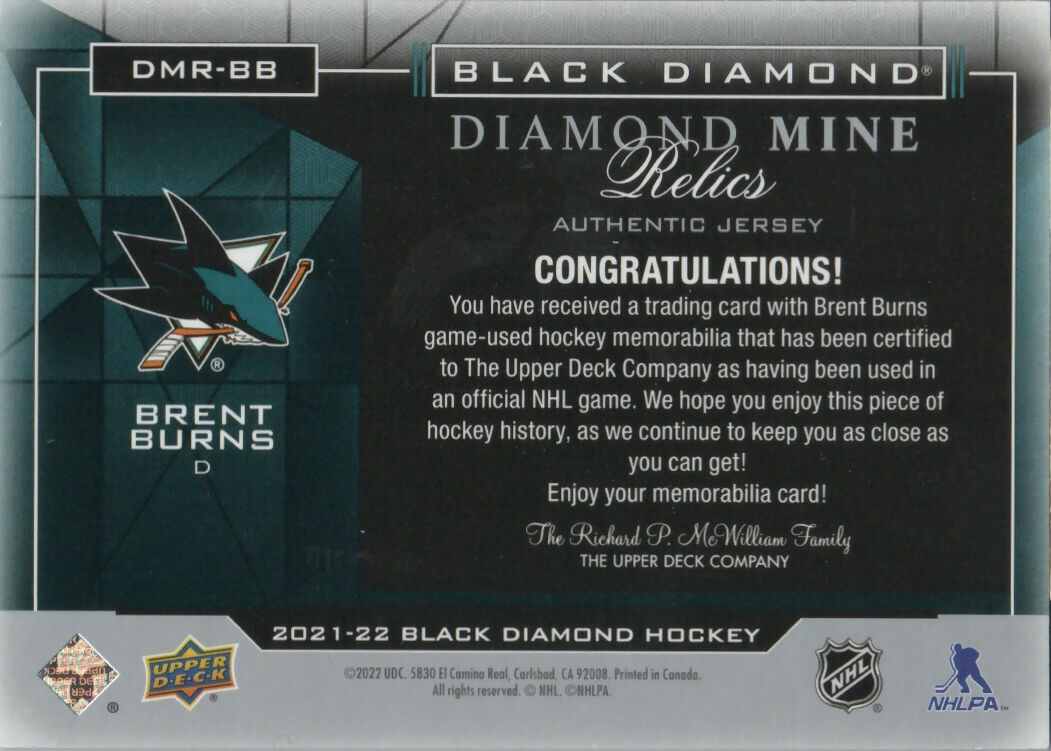 2021-22 Upper Deck Black Diamond - Diamond Mine Relics #DMR-BB Brent Burns - San Jose Sharks - B