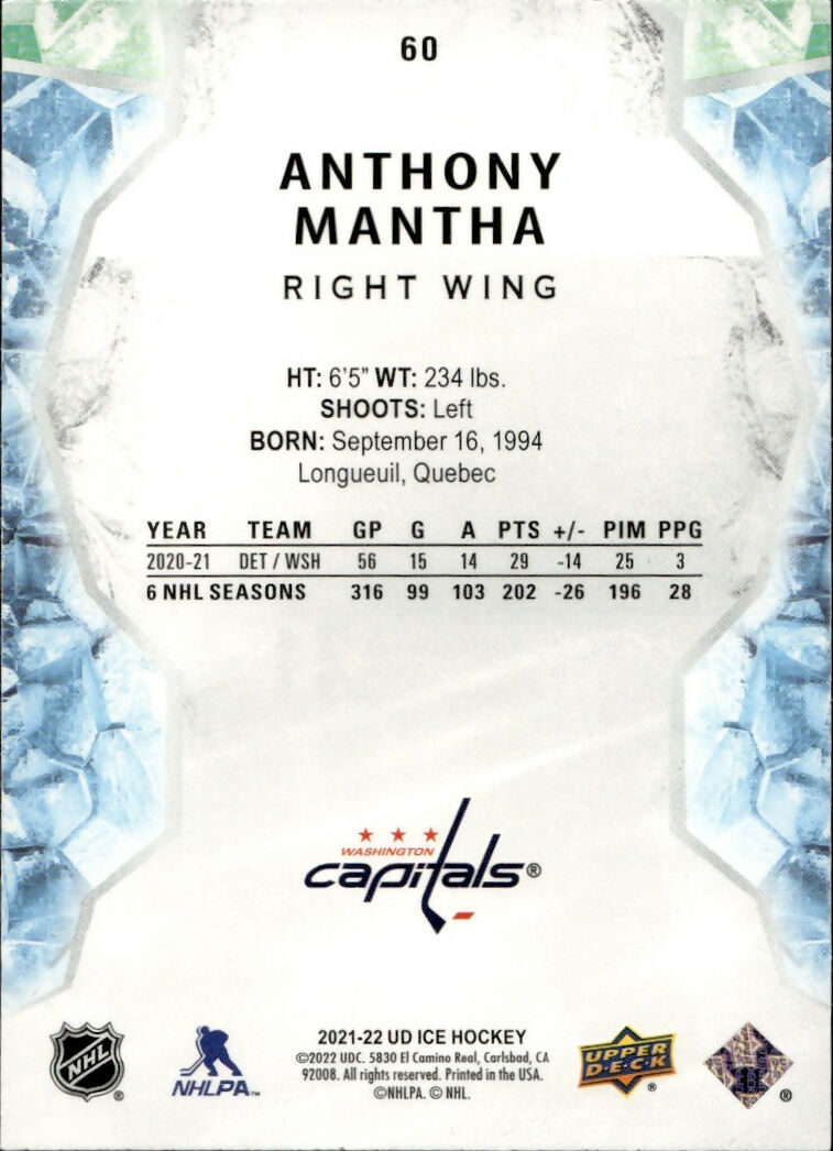 2021-22 Upper Deck Ice Hockey - Base #60 Anthony Mantha - Washington Capitals - B