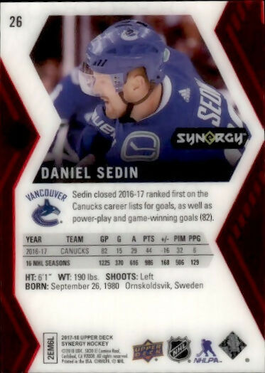 2017-18 Upper Deck Synergy Hockey - Base #26 Daniel Sedin - Vancouver Canucks