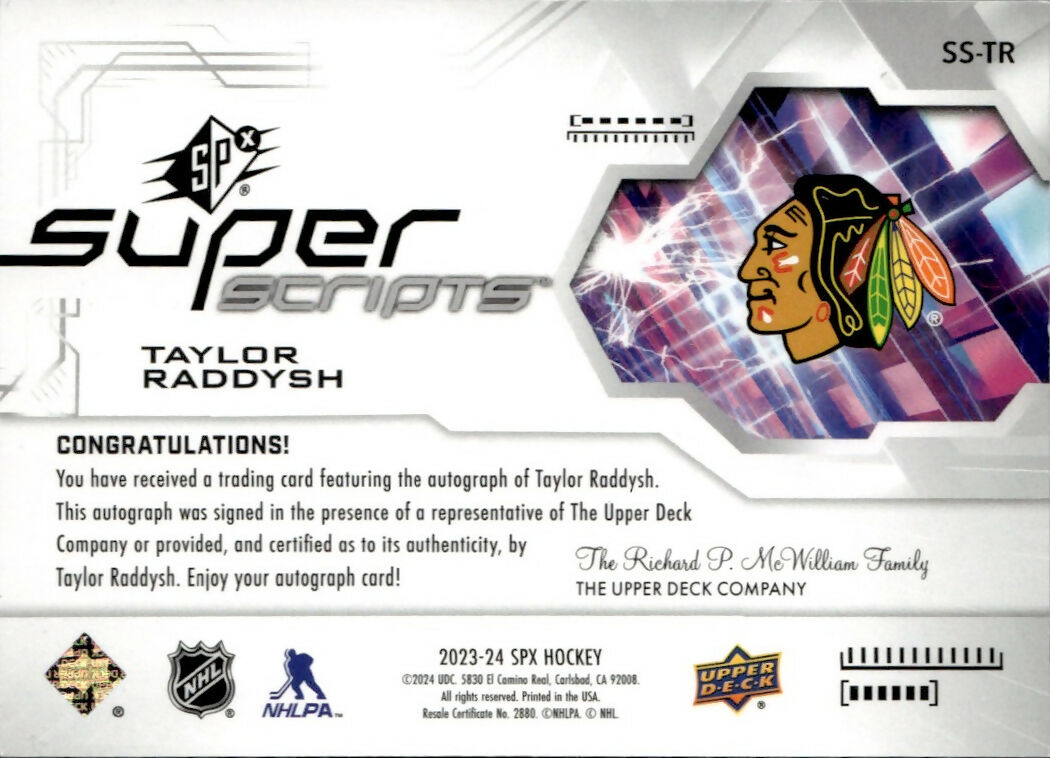 2023-24 Upper Deck SPX Hockey - Super Scripts #SS-TR Taylor Raddysh - Chicago Blackhawks - B