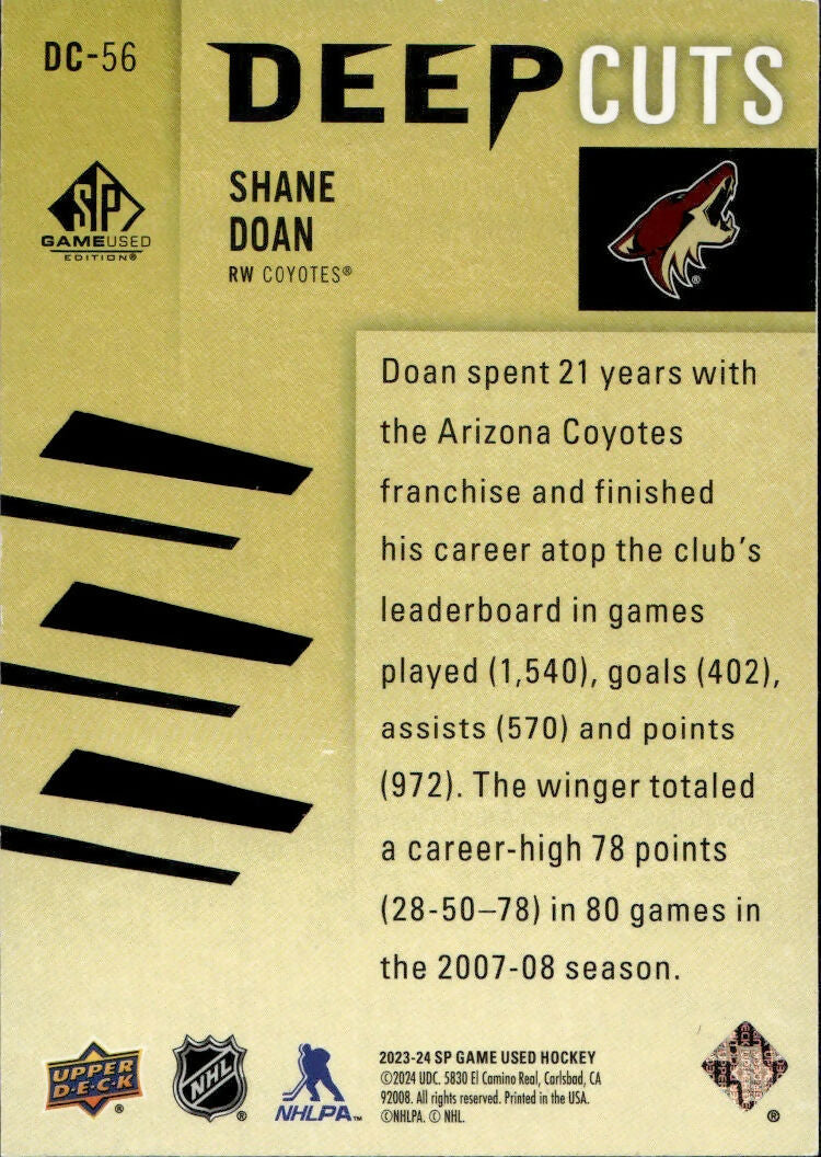 2023-24 Upper Deck SP Game Used Hockey - Deep Cuts :250 #DC-56 Shane Doan - Arizona Coyotes - B