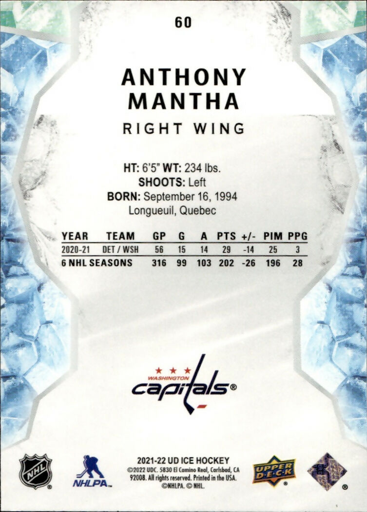 2021-22 Upper Deck Ice Hockey - Base - Green #60 Anthony Mantha - Washington Capitals - B