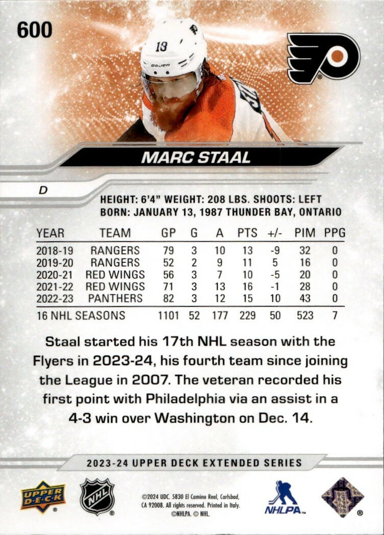 2023-24 Upper Deck Extended Series Hockey - Base #600 Marc Staal - Philadelphia Flyers - B