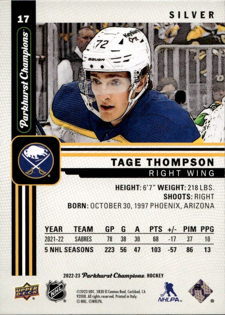 2022-23 Upper Deck Parkhurst Champions - Base - Silver #17 Tage Thompson - Buffalo Sabres - B