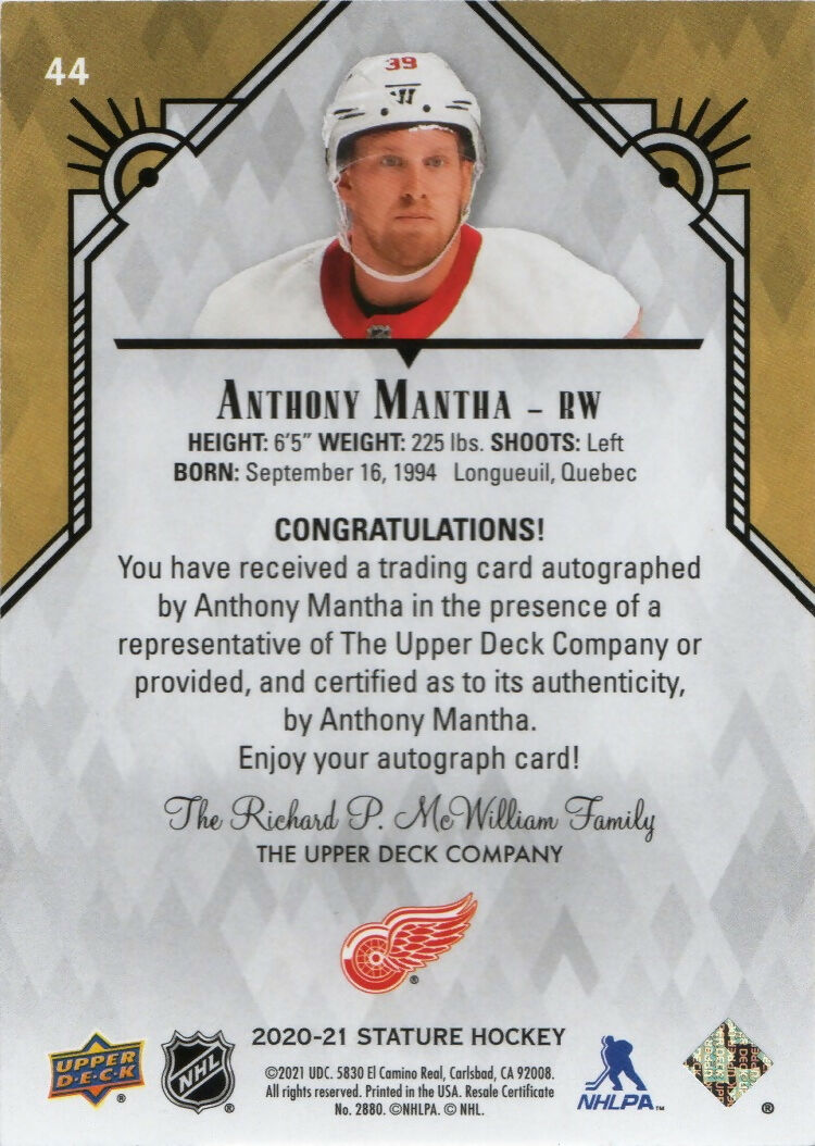 2020-21 Upper Deck Stature - Base - Red Autographs :35 #44 Anthony Mantha - Detroit Red Wings - B
