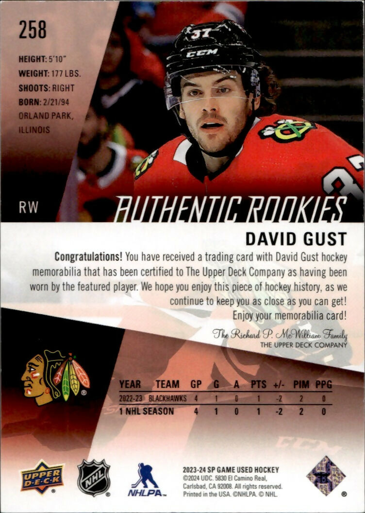 2023-24 Upper Deck SP Game Used Hockey - Base - Red - Patch #258 David Gust - Chicago Blackhawks - B