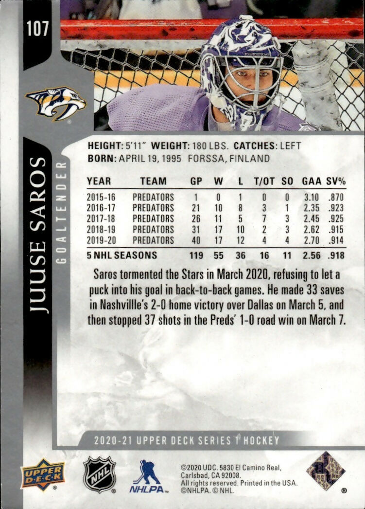 2020-21 Upper Deck Series 1 Hockey #107 Juuse Saros - Nashville Predators