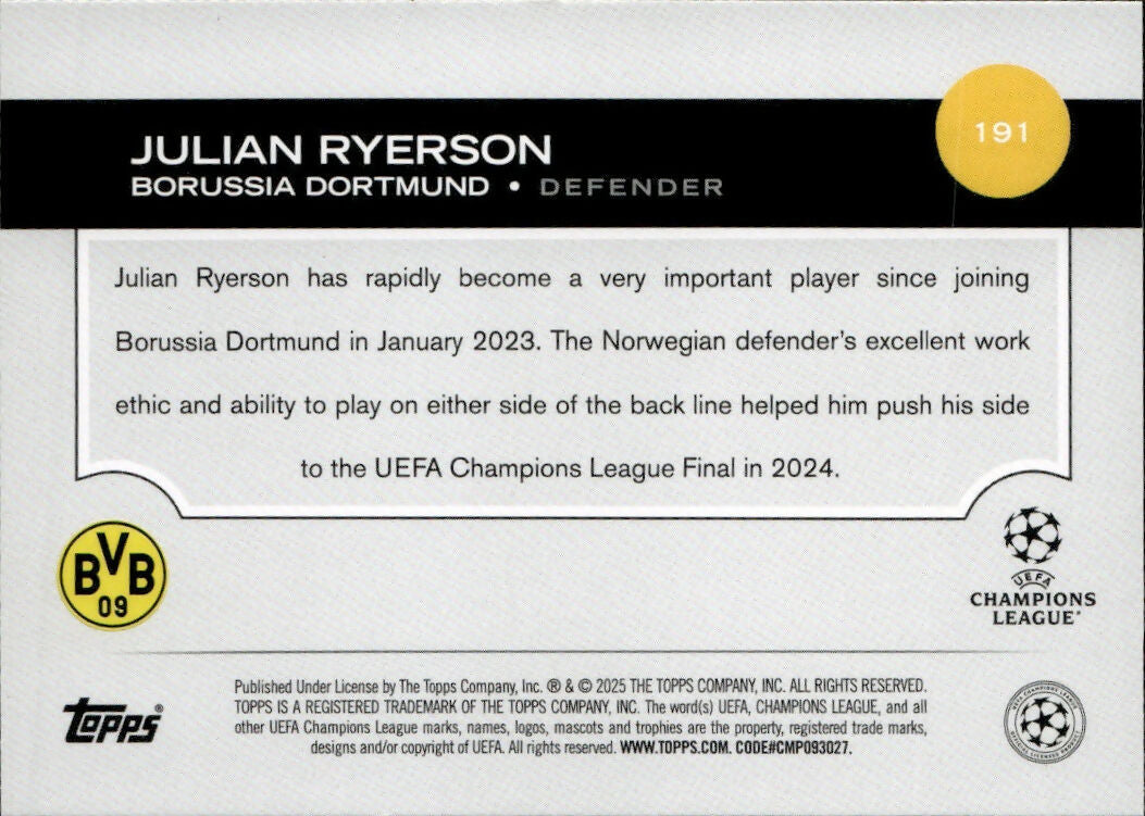 2024-25 Topps UEFA Club Competitions - Base #191 Julian Ryerson - Borussia Dortmund - B