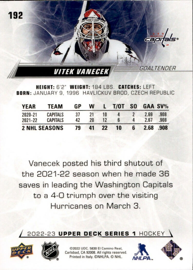 2022-23 Upper Deck Series 1 Hockey - Base #192 Vitek Vanecek - Washington Capitals - B