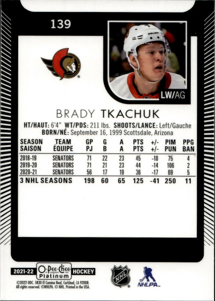 2021-22 Upper Deck O-Pee-Chee Platinum Hockey - Base #139 Brady Tkachuk - Ottawa Senators - B