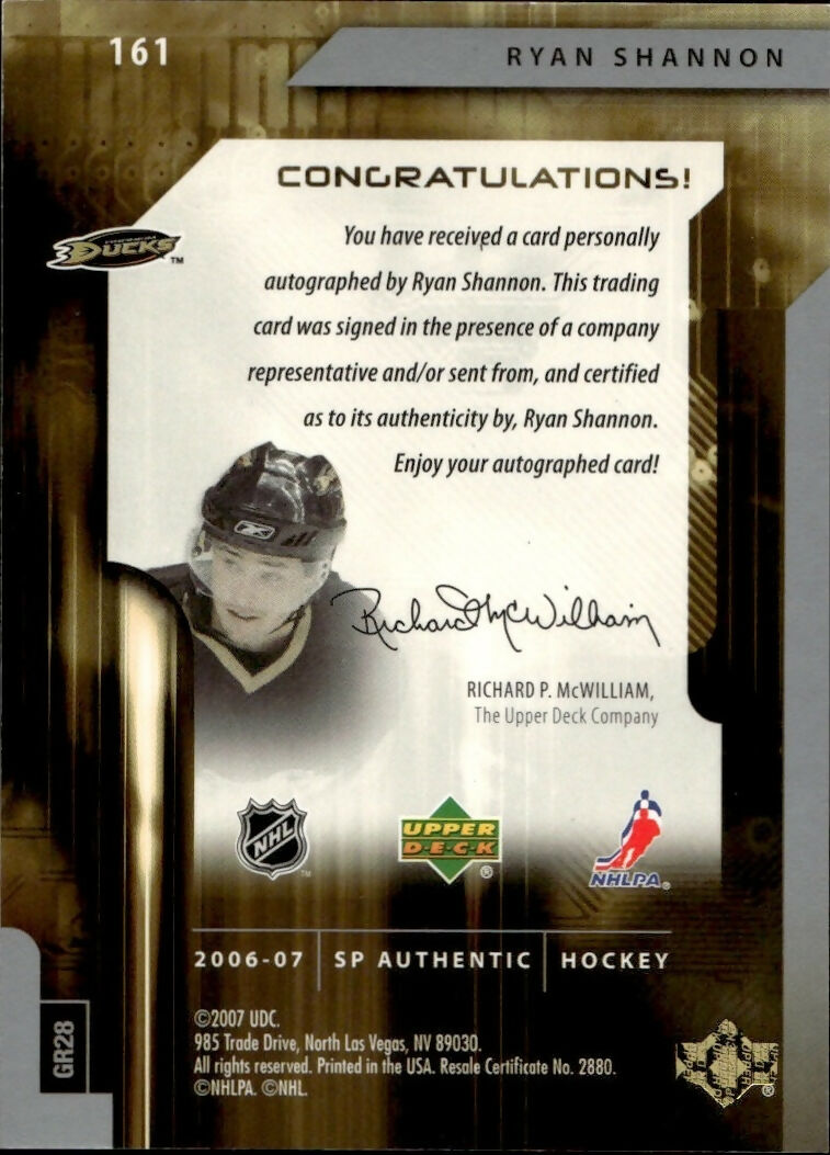 2006-07 Upper Deck SP Authentic Hockey - Base - Future Watch :999 #161 Ryan Shannon - Anaheim Ducks - B