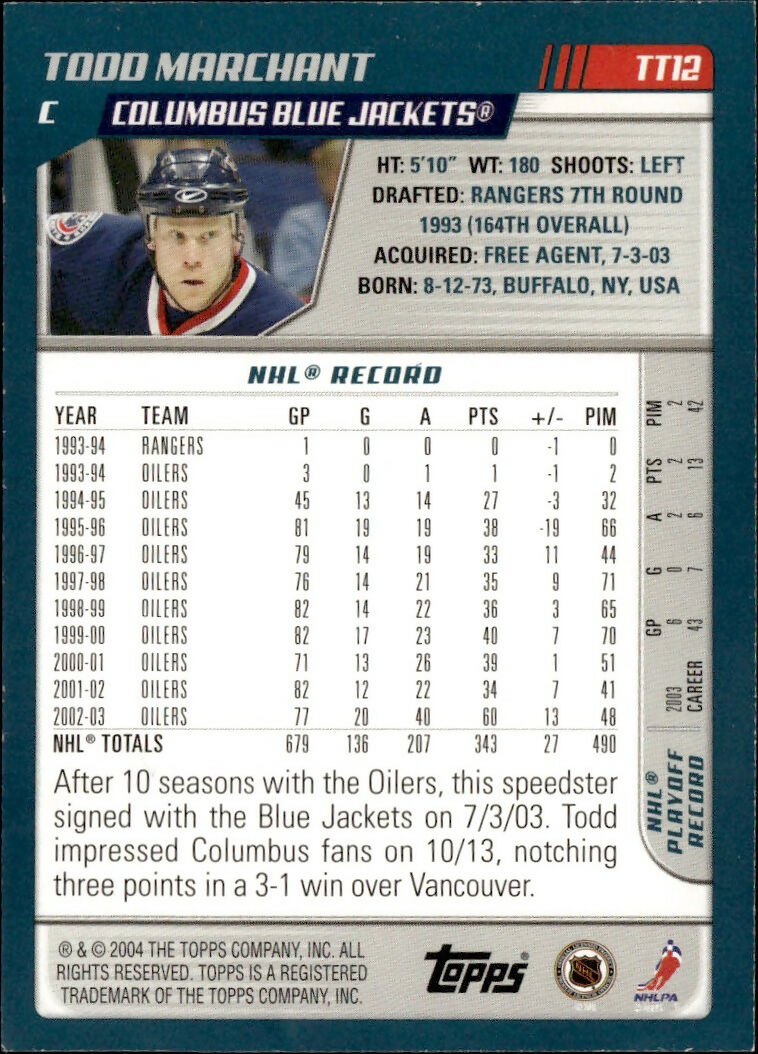 2003-04 Topps Traded - Base - Blue :500 #TT12 Todd Marchant - Columbus Blue Jackets - B