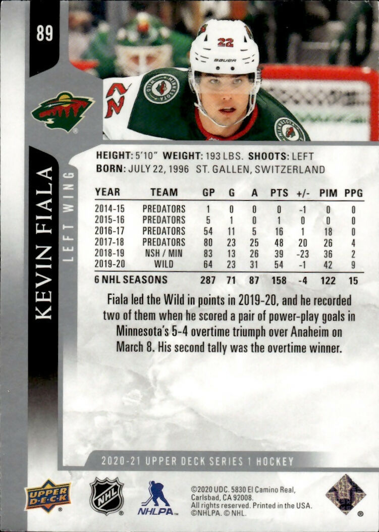 2020-21 Upper Deck Series 1 Hockey #89 Kevin Fiala - Minnesota Wild