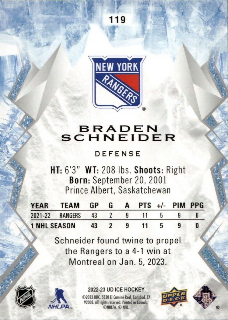 2022-23 Upper Deck Ice Hockey - Base - Rookie #119 Branden Schneider - New York Rangers - B